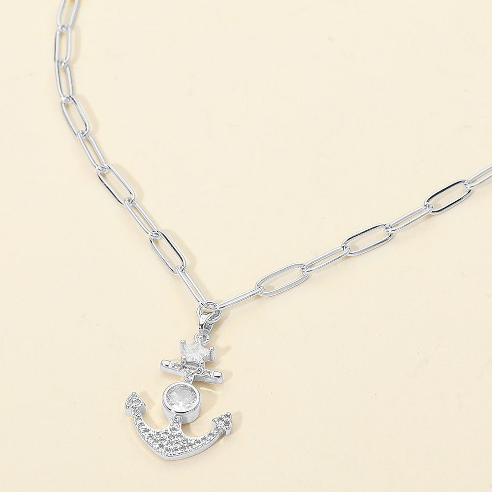 CZ Star Anchor Paperclip Necklace